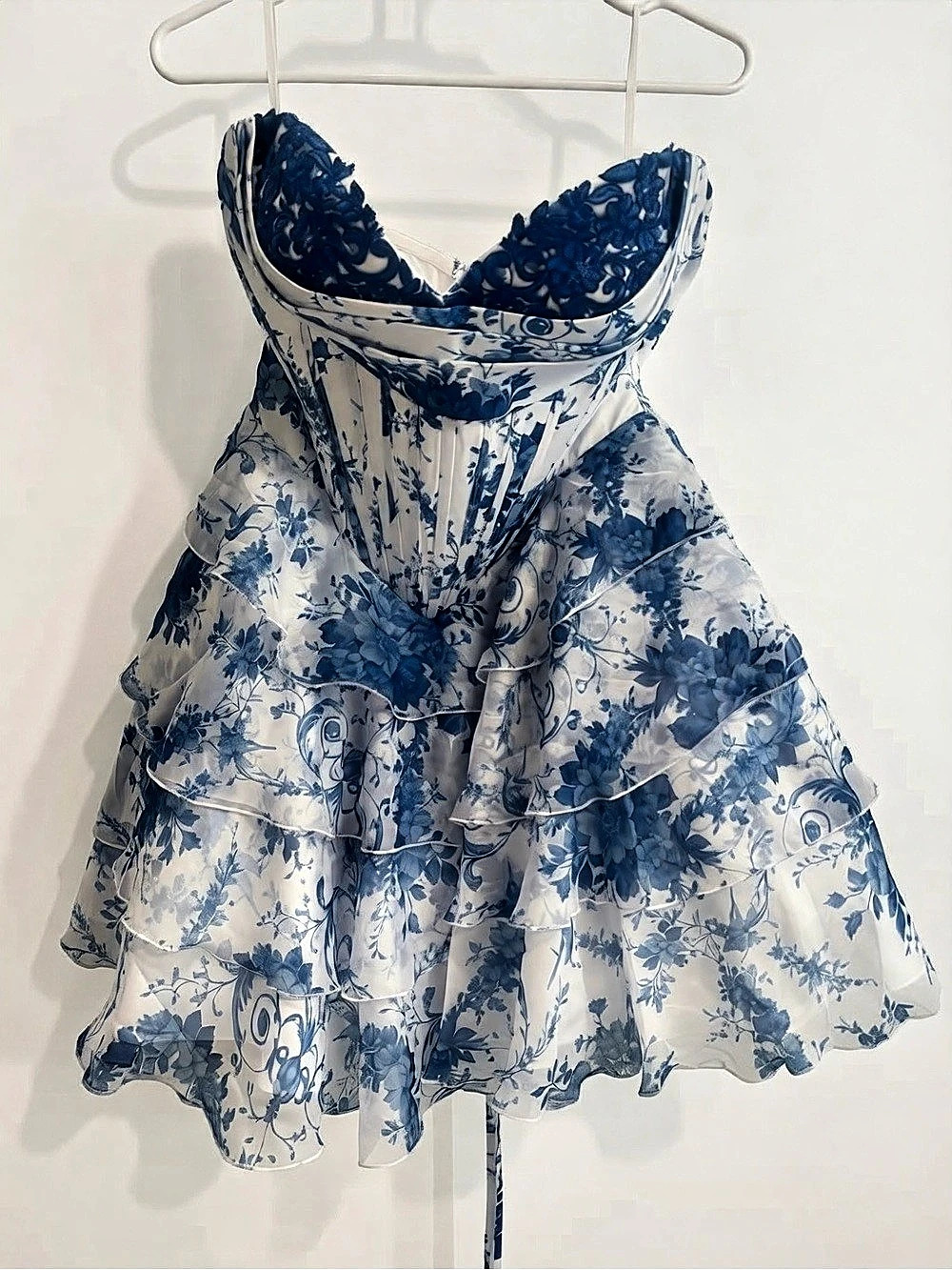 Stacees Ocean Blue Floral Strapless Corset Tiered Ruffle Homecoming Dress Blue